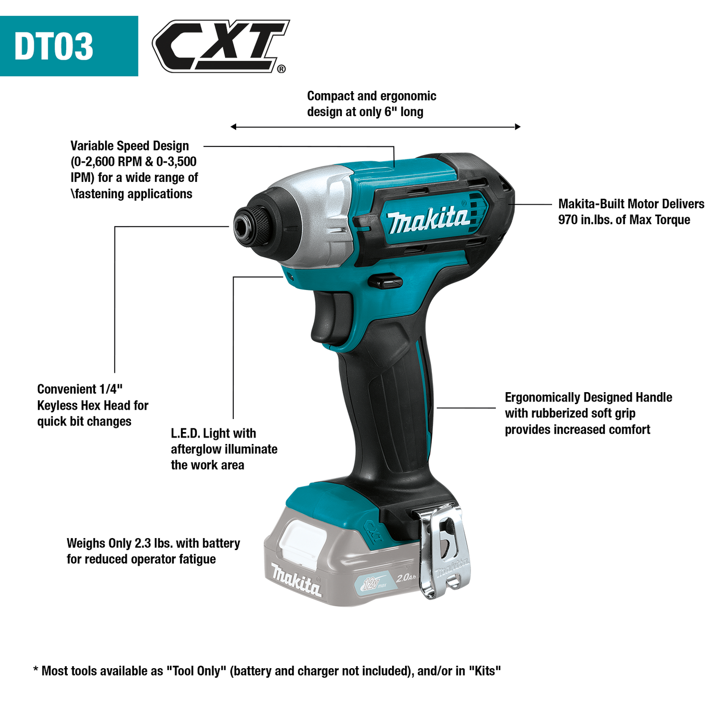 Makita DT03Z 12V max CXT® Lithium‑Ion Cordless Impact Driver, Tool Only