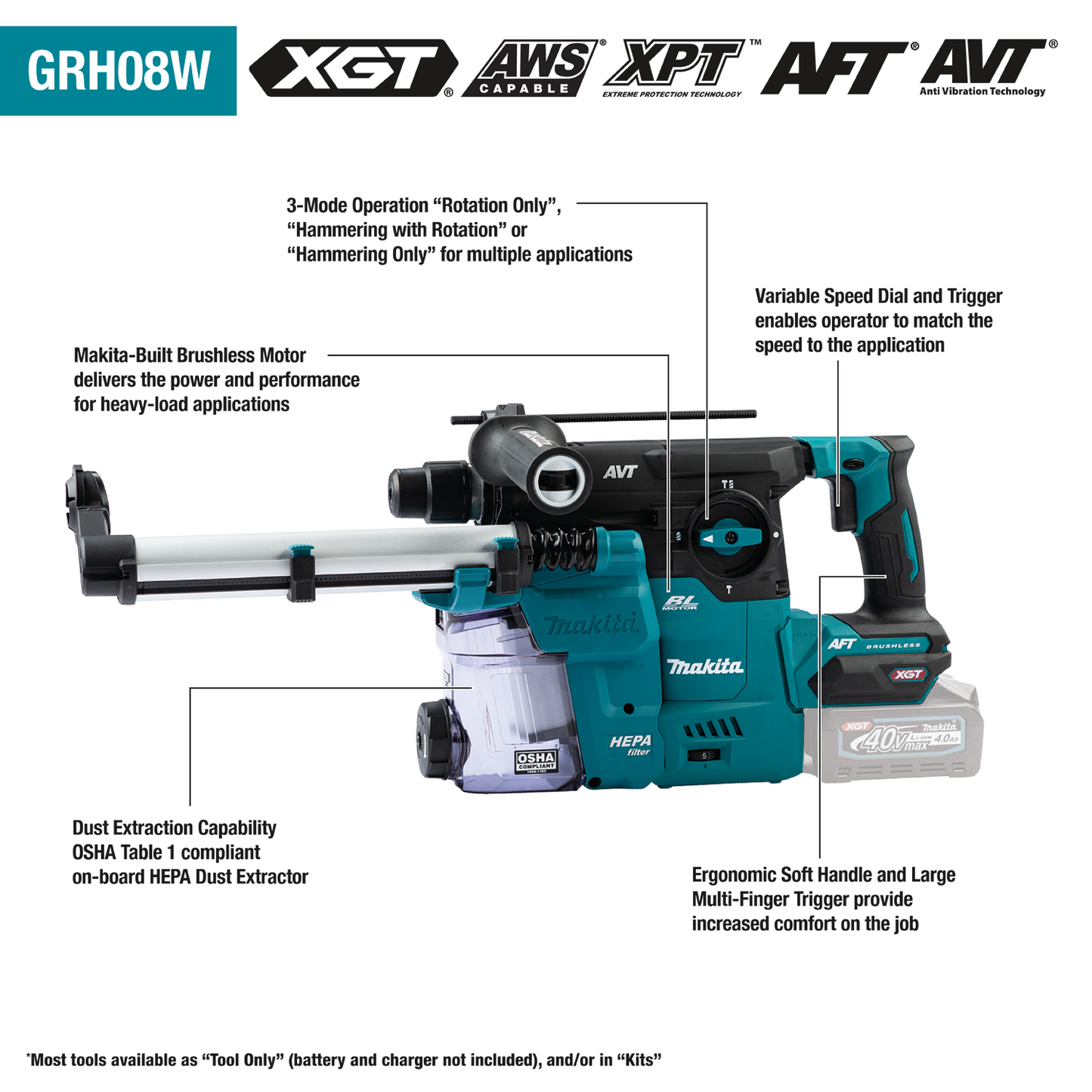 Makita GRH08M1W 40V max XGT® Brushless Cordless 1‑3/16" SDS‑PLUS AVT® Rotary Hammer Kit w/Dust Extractor, AFT®, AWS® Capable (4.0Ah)
