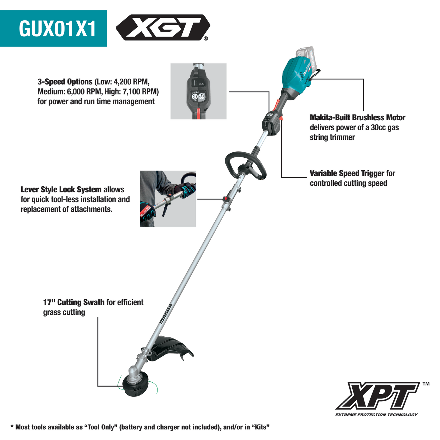 Makita GUX01ZX1 40V max XGT® Brushless Cordless Couple Shaft Power Head with 17" String Trimmer Attachment, Tool Only