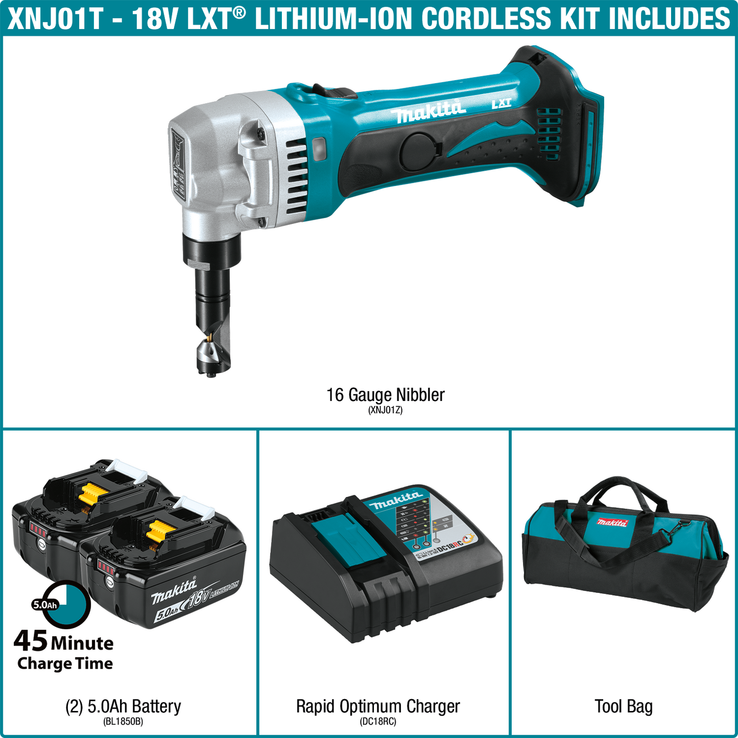 Makita XNJ01T 18V LXT® Lithium‑Ion Cordless 16 Gauge Nibbler Kit (5.0Ah)