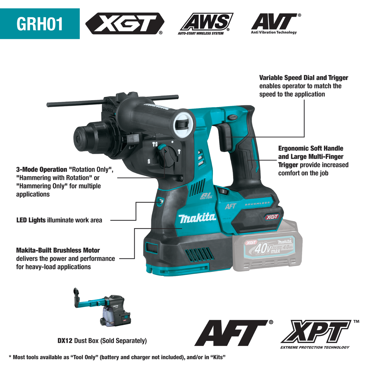 Makita GRH01Z 40V max XGT® Brushless Cordless 1‑1/8" SDS‑PLUS AVT® Rotary Hammer, AFT®, AWS® Capable, Tool Only