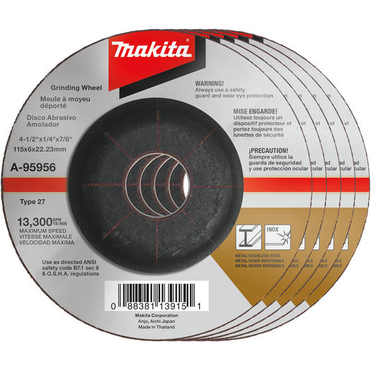 Makita A-95956-5 4‑1/2" x 1/4" x 7/8" INOX Grinding Wheel, 36 Grit, 5/pk