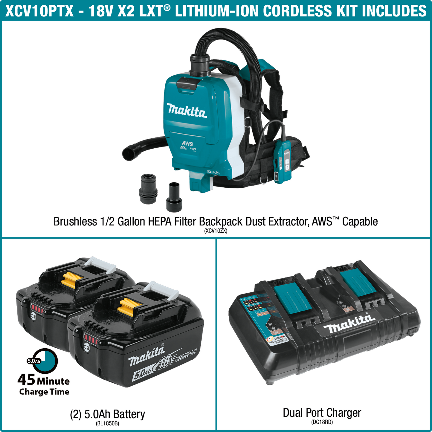 Makita XCV10PTX 36V (18V X2) LXT® Brushless 1/2 Gallon HEPA Filter Backpack Dry Dust Extractor Kit, AWS® Capable (5.0Ah)