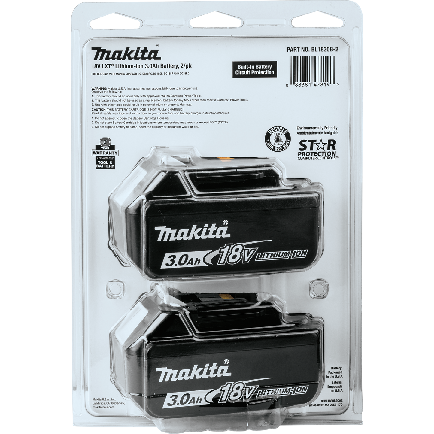 Makita BL1830B-2 18V LXT® Lithium‑Ion 3.0Ah Battery, 2/pk