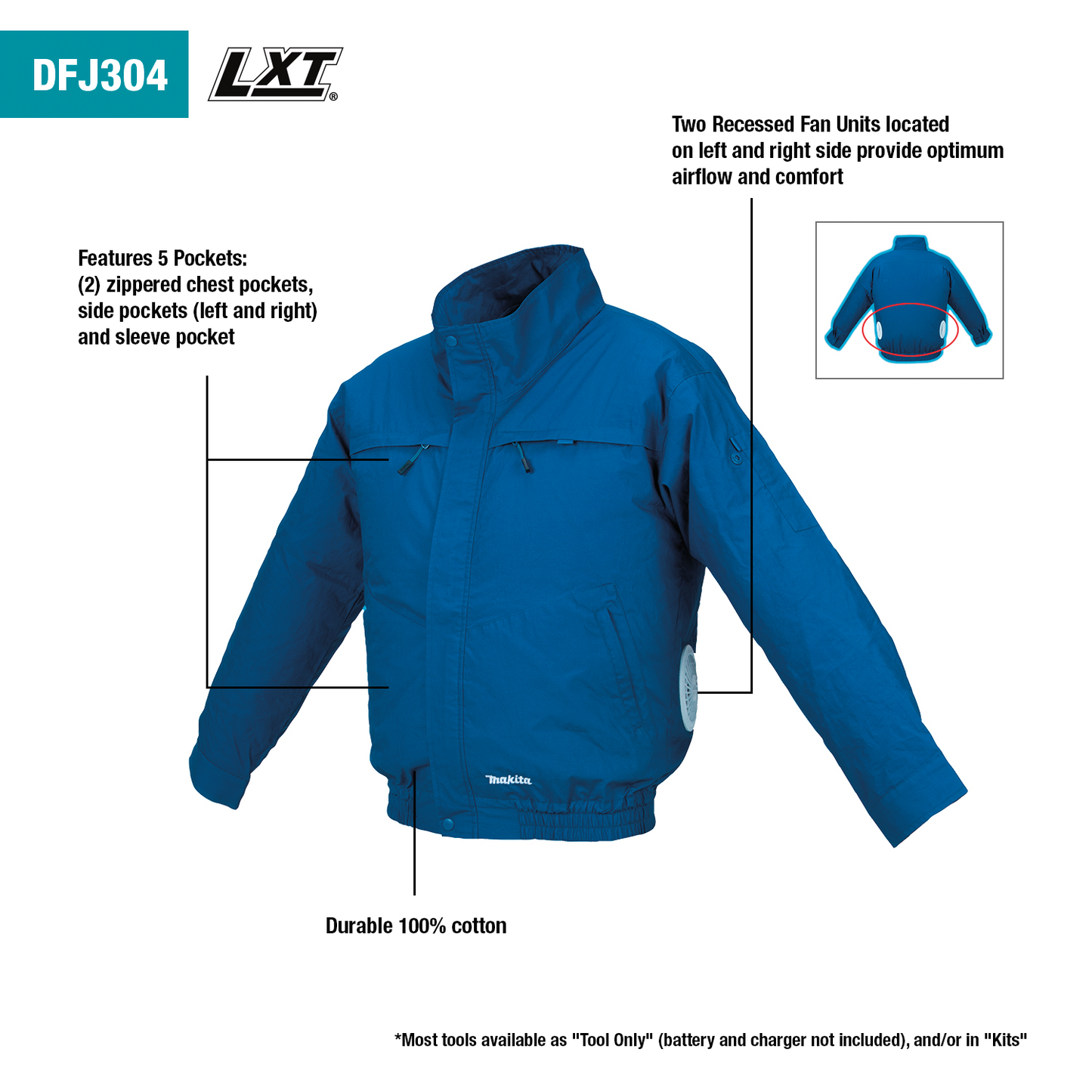 Makita DFJ304Z3XL 18V LXT® Lithium‑Ion Cordless Cotton Fan Jacket, Jacket Only (3XL)