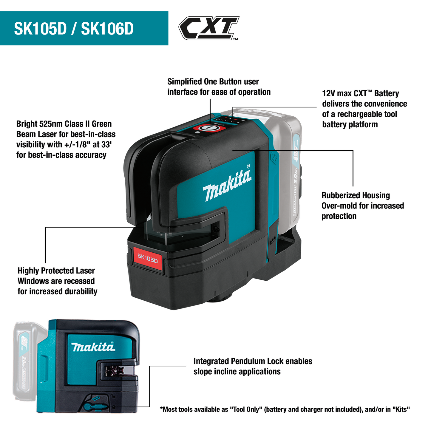 Makita SK106DZ 12V max CXT® Lithium‑Ion Cordless Self‑Leveling Cross‑Line/4‑Point Red Beam Laser, Tool Only