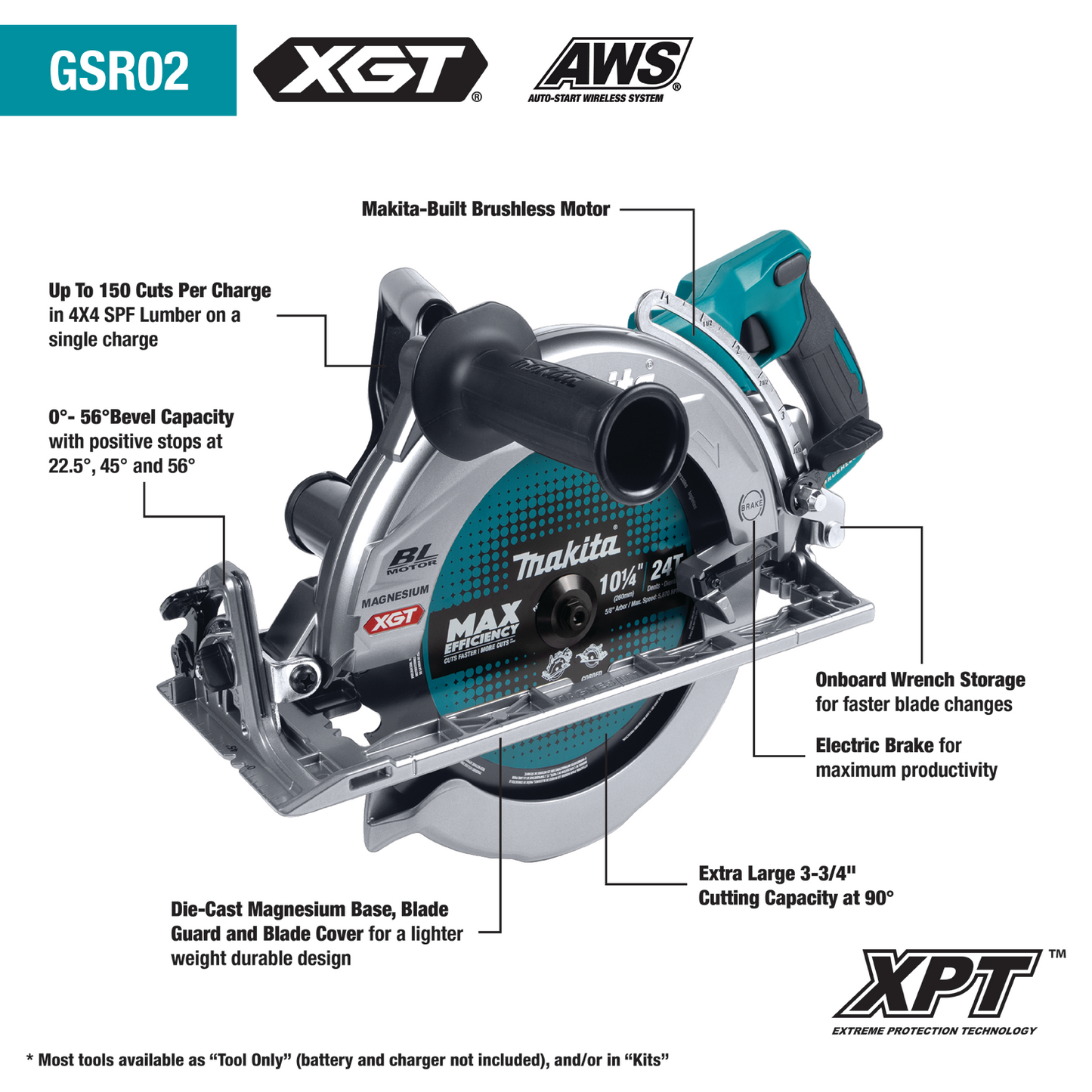 Makita GSR02Z 40V max XGT® Brushless Cordless Rear Handle 10‑1/4" Circular Saw, AWS® Capable, Tool Only