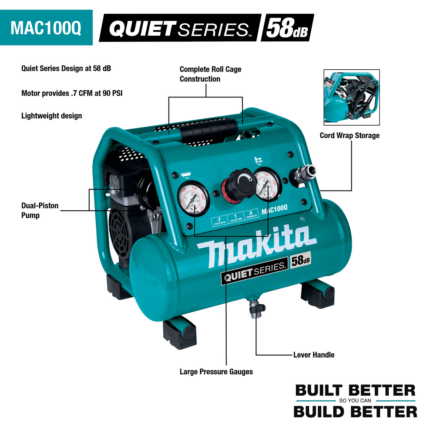 Makita MAC100Q Quiet Series 1/2 HP, 1 Gallon Compact, Oil‑Free, Electric Air Compressor