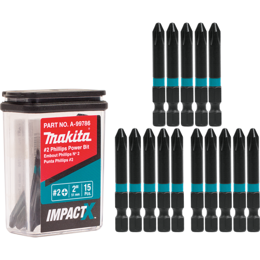 Makita A-99786 ImpactX™ #2 Phillips 2″ Power Bit, 15/pk