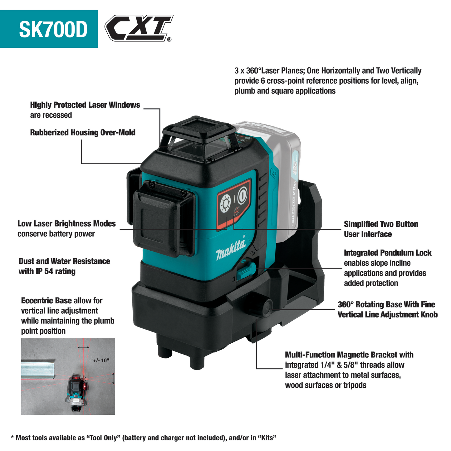 Makita SK700D 12V max CXT® Lithium‑Ion Cordless Self‑Leveling 360° 3‑Plane Red Laser, Tool Only