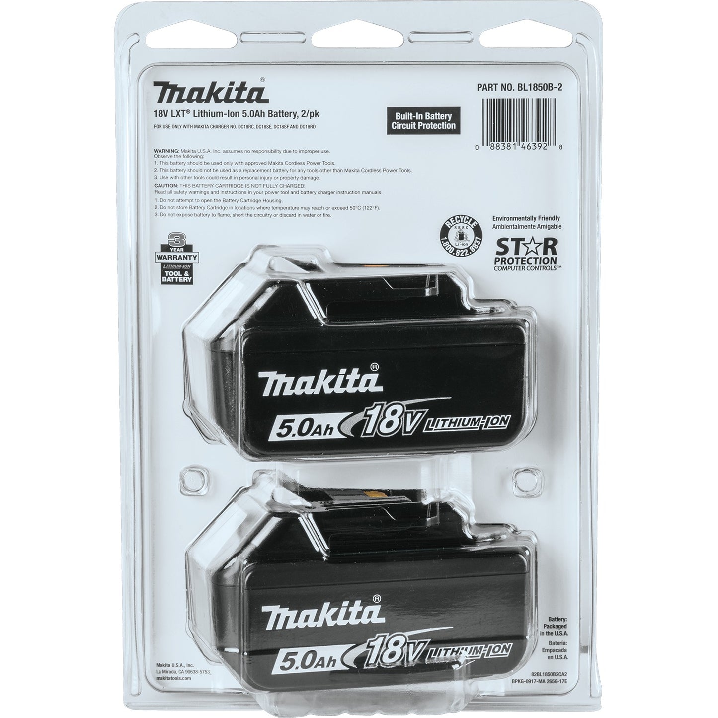 Makita BL1850B-2 18V LXT® Lithium‑Ion 5.0Ah Battery, 2/pk