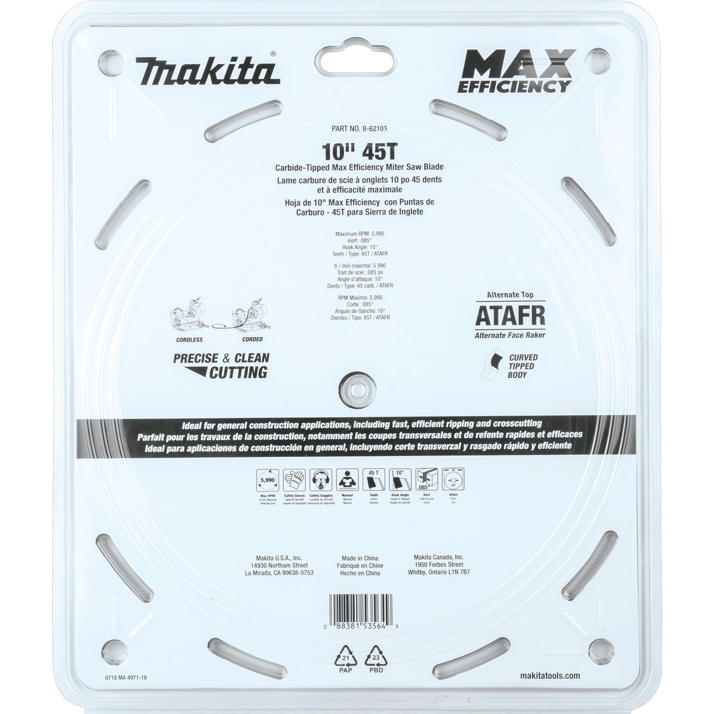 Makita B-62103 10" 45T Carbide‑Tipped Max Efficiency Miter Saw Blade