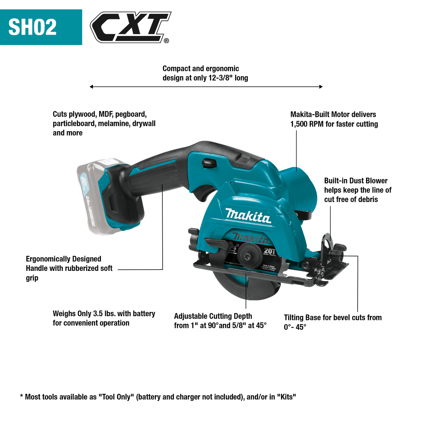 Makita SH02R1 12V max CXT® Lithium‑Ion Cordless 3‑3/8" Circular Saw Kit (2.0Ah)