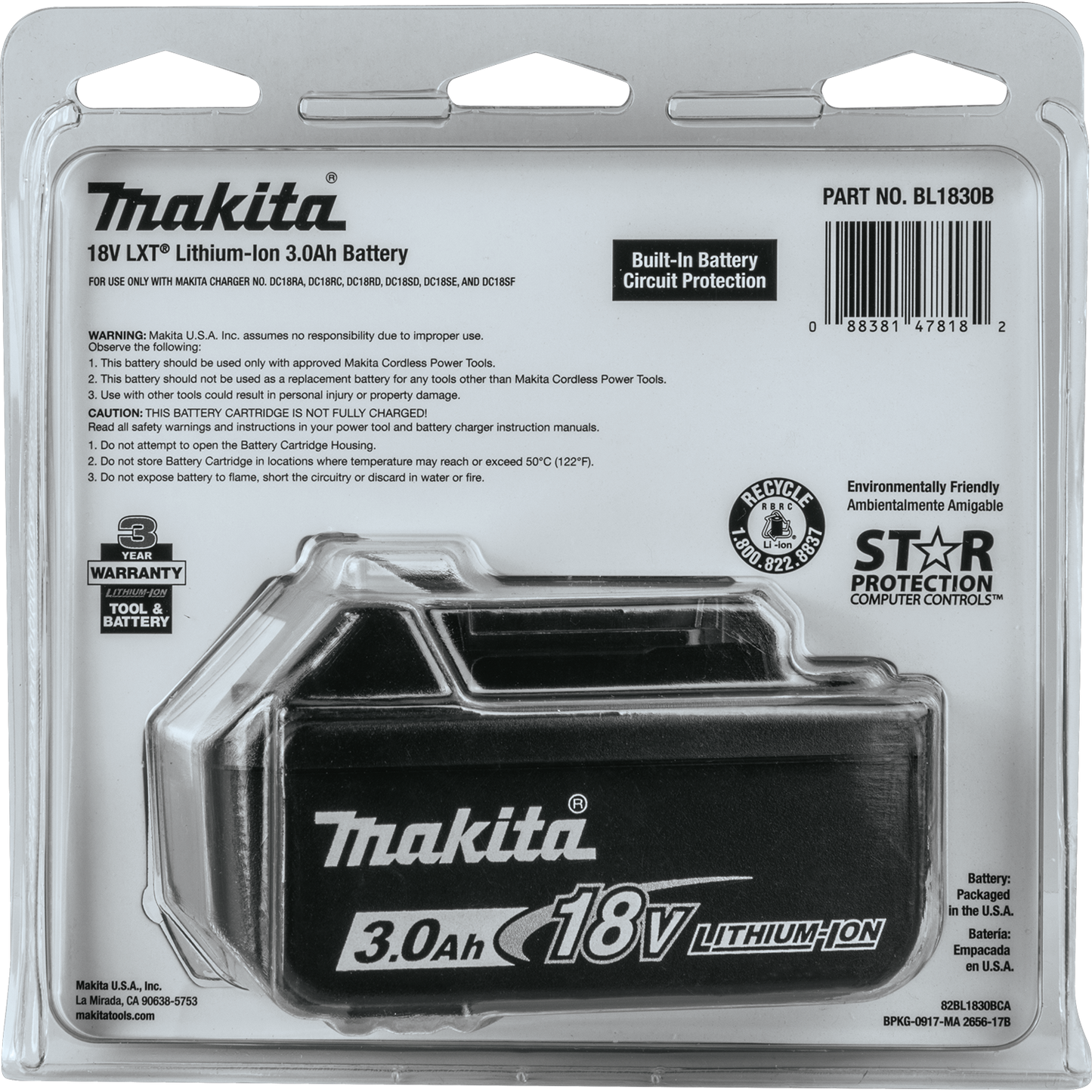 Makita BL1830B 18V LXT® Lithium‑Ion 3.0Ah Battery