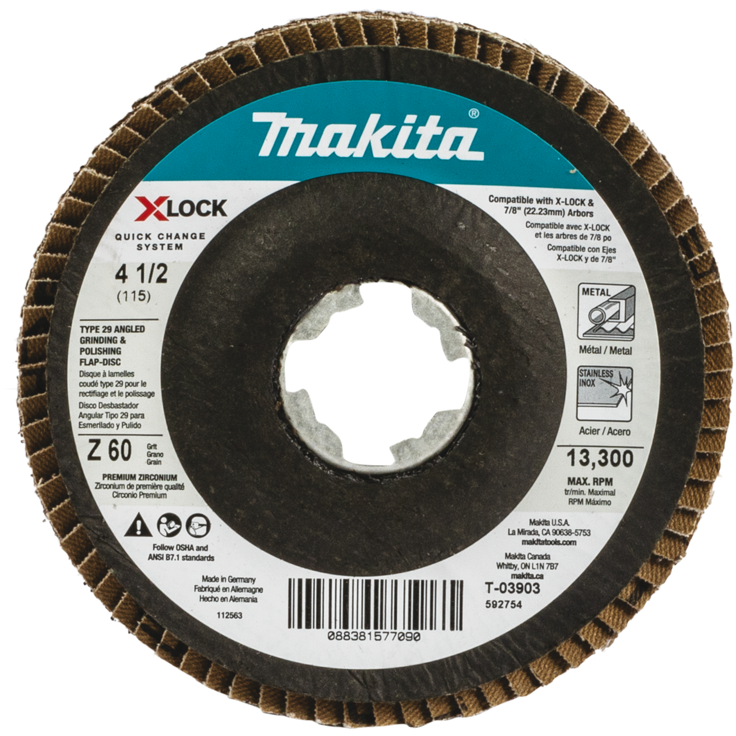 Makita T-03903 X‑LOCK 4‑1/2" 60 Grit Type 29 Angled Grinding and Polishing Flap Disc for X‑LOCK and All 7/8" Arbor Grinders