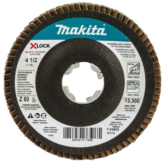 Makita T-03903 X‑LOCK 4‑1/2" 60 Grit Type 29 Angled Grinding and Polishing Flap Disc for X‑LOCK and All 7/8" Arbor Grinders