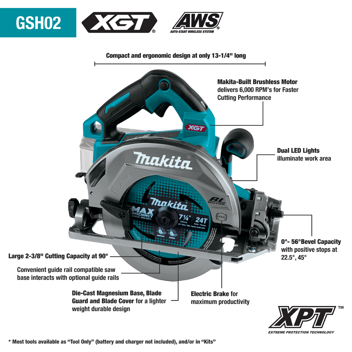 Makita GSH02Z 40V max XGT® Brushless Cordless 7‑1/4" Circular Saw with Guide Rail Compatible Base, AWS® Capable, Tool Only