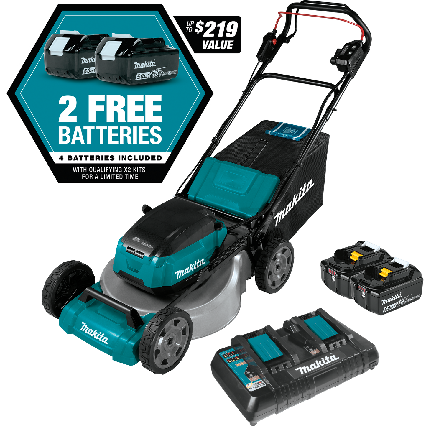 Makita XML06PT1 36V (18V X2) LXT® Brushless 18" Self‑Propelled Commercial Lawn Mower Kit with 4 Batteries (5.0Ah)