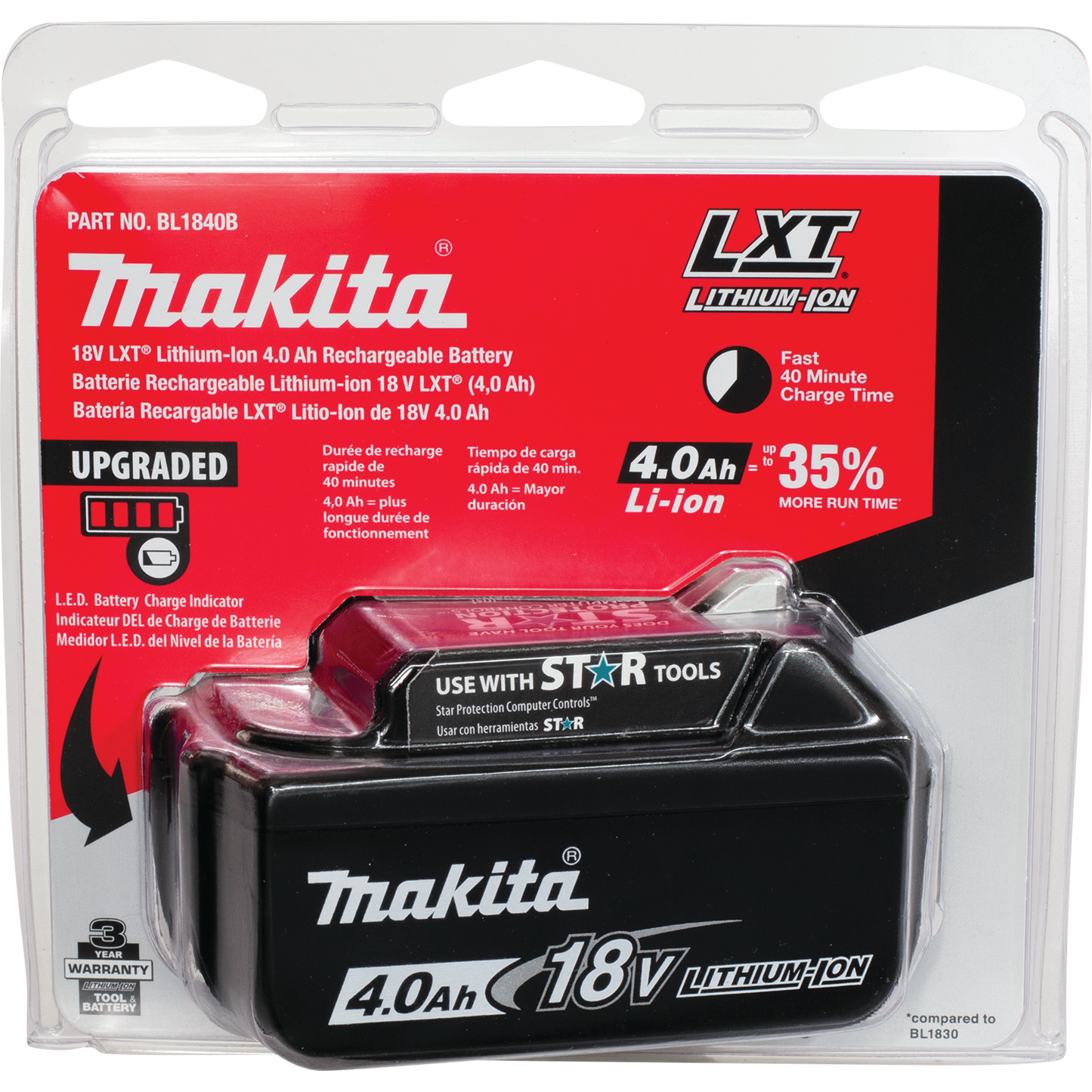 Makita BL1840B 18V LXT® Lithium‑Ion 4.0Ah Battery