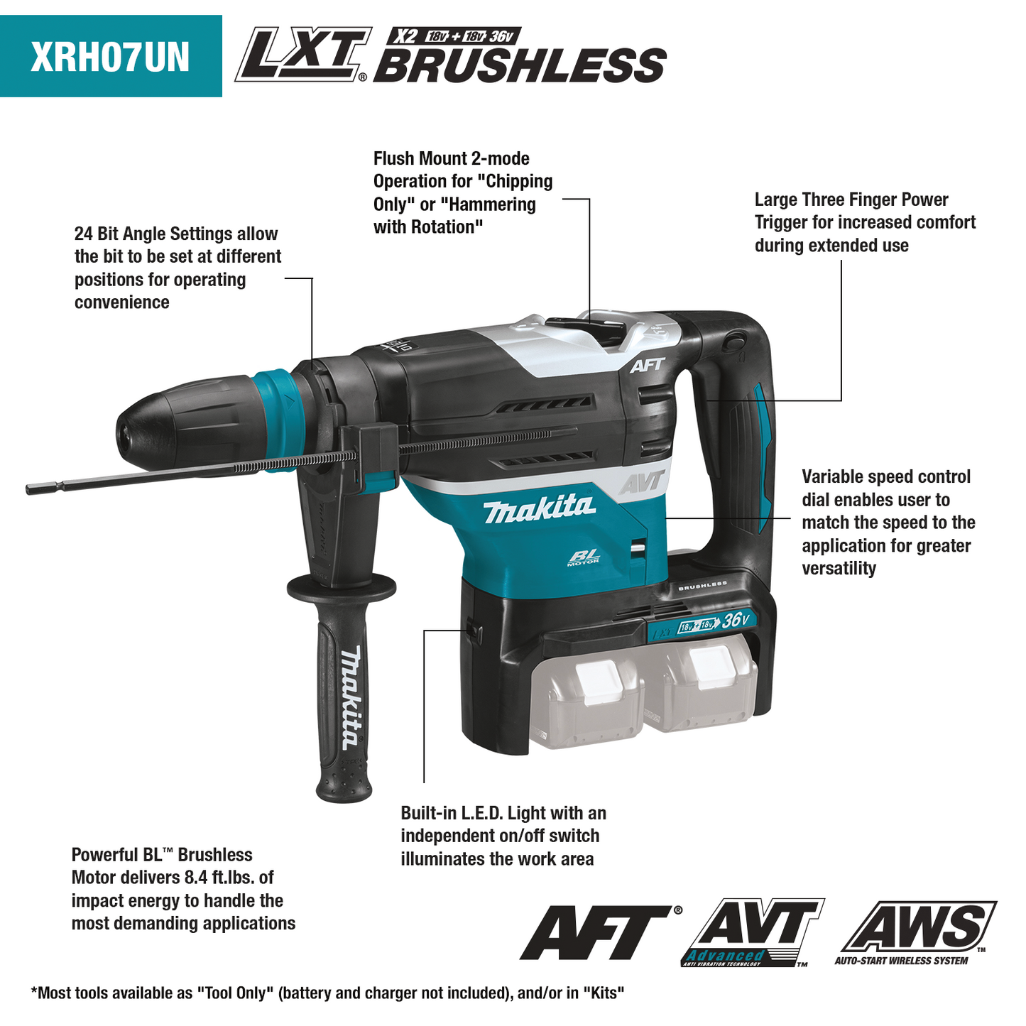 Makita XRH07ZKUN 36V (18V X2) LXT® Brushless 1‑9/16" SDS‑MAX Advanced AVT® Rotary Hammer, AFT®, AWS®, Tool Only