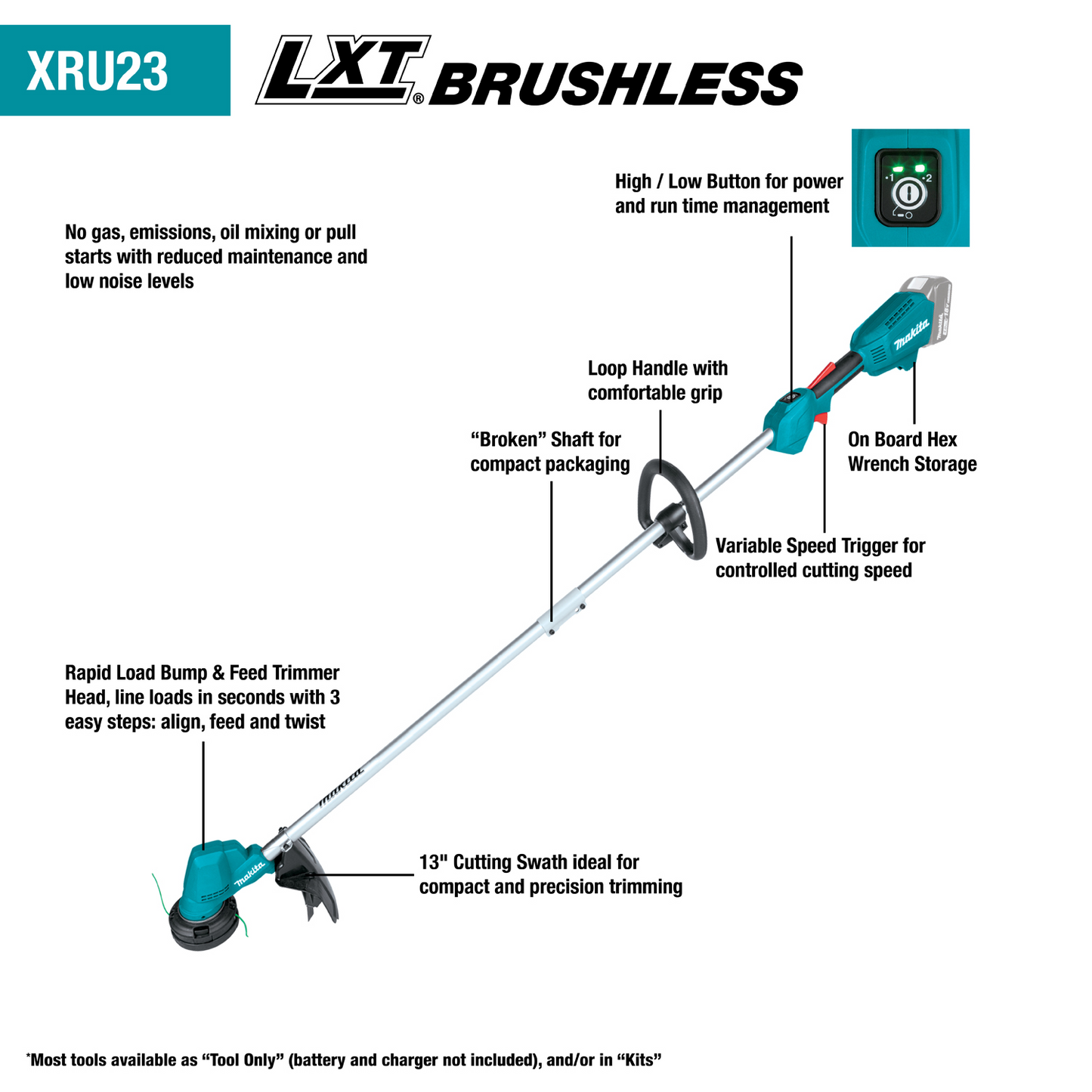 Makita XRU23Z 18V LXT® Lithium‑Ion Brushless Cordless 13" String Trimmer, Tool Only