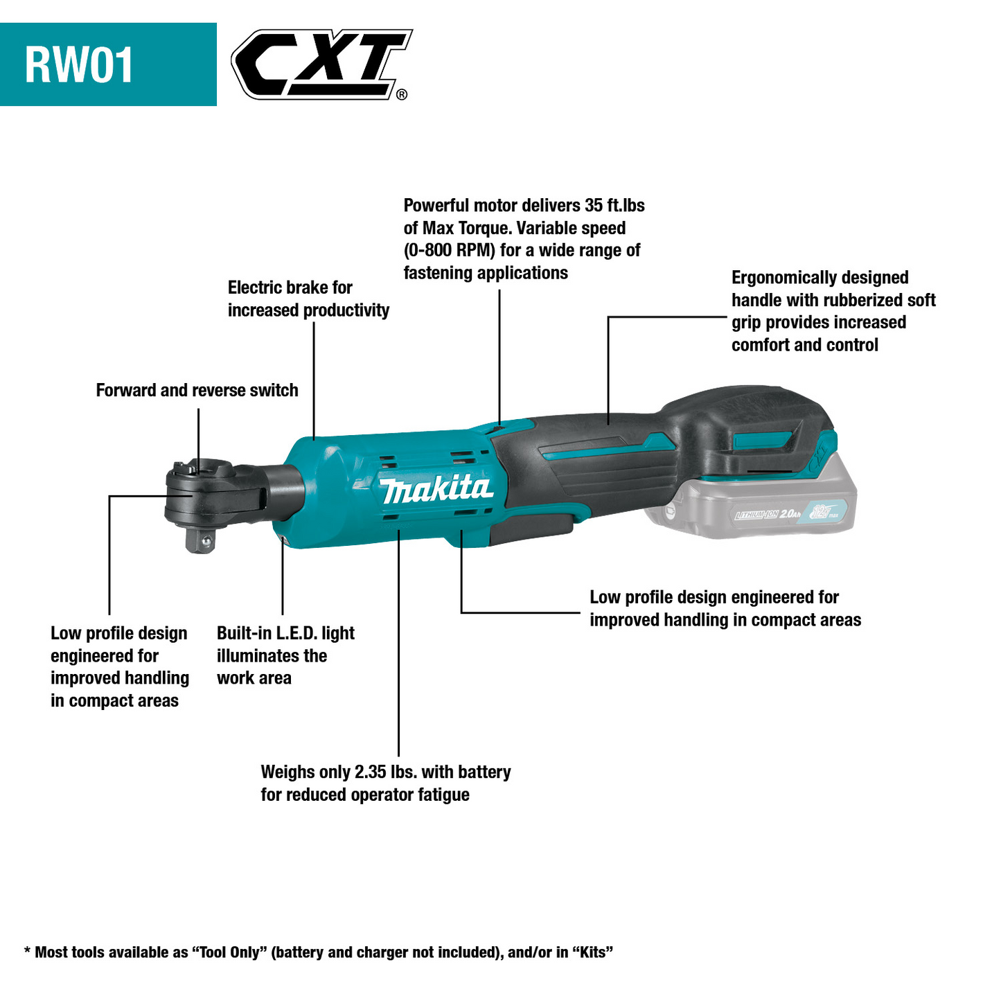 Makita RW01R1 12V max CXT® Lithium‑Ion Cordless 3/8" / 1/4" Sq. Drive Ratchet Kit (2.0Ah)