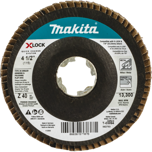 Makita T-03894 X‑LOCK 4‑1/2" 40 Grit Type 29 Angled Grinding and Polishing Flap Disc for X‑LOCK and All 7/8" Arbor Grinders