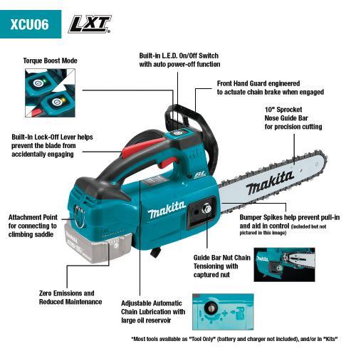 Makita XCU06Z 18V LXT® Lithium‑Ion Brushless Cordless 10" Top Handle Chain Saw, Tool Only