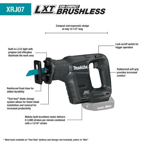 Makita XRJ07ZB 18V LXT® Lithium‑Ion Sub‑Compact Brushless Cordless Recipro Saw, Tool Only