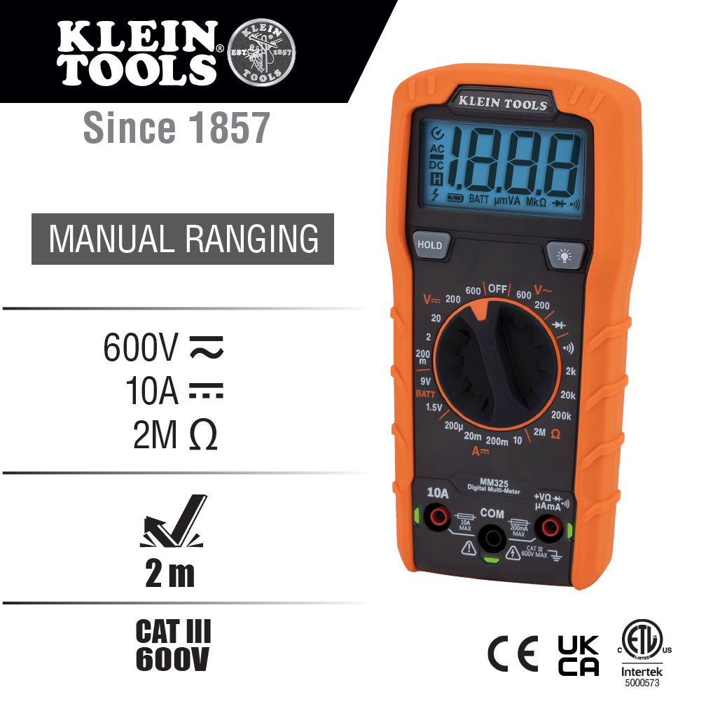 Klein Tools MM325 Digital Multimeter, Manual-Ranging, 600V