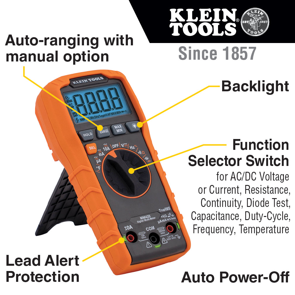 Klein Tools MM420 Digital Multimeter, TRMS Auto-Ranging, 600V, Temp