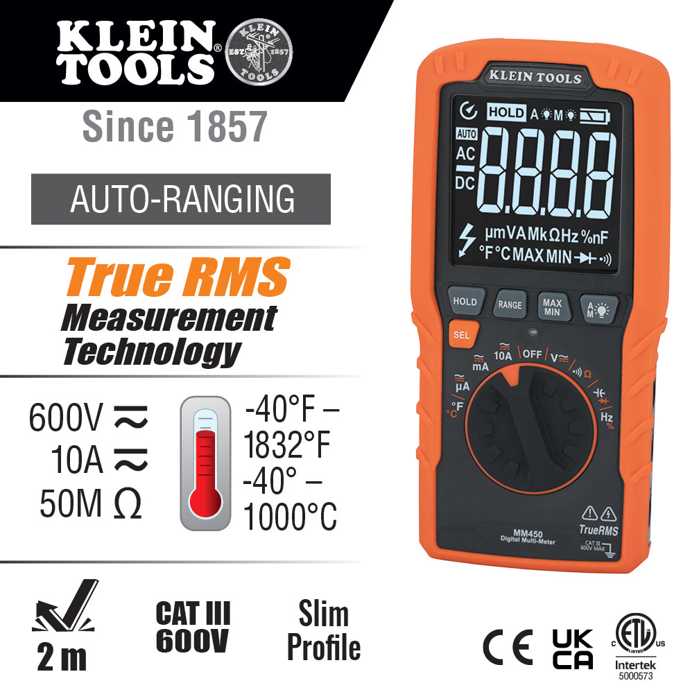 Klein Tools MM450 Slim Digital Multimeter, Trms Auto-Ranging, 600V, Temp