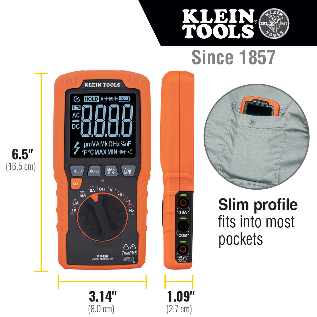 Klein Tools MM450 Slim Digital Multimeter, Trms Auto-Ranging, 600V, Temp