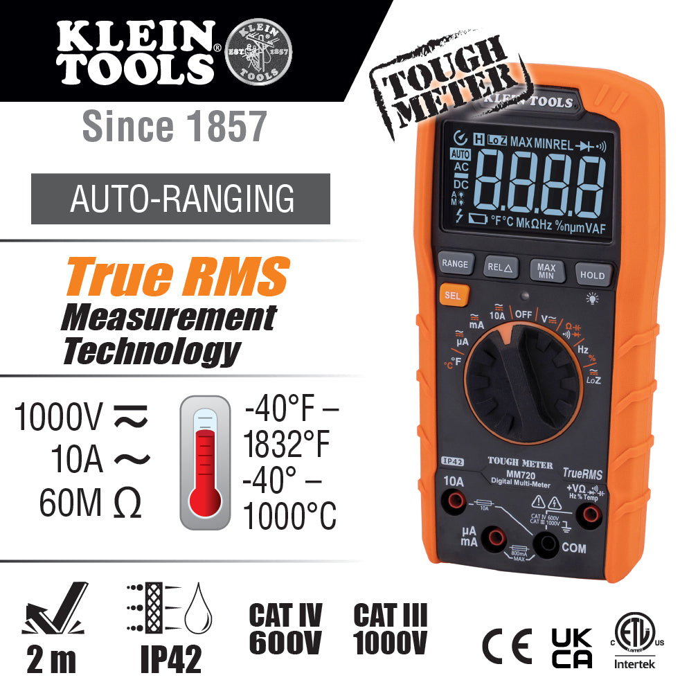 Klein Tools MM720 Digital Multimeter, TRMS Auto-Ranging, 1000V, Temp, Low Impedance