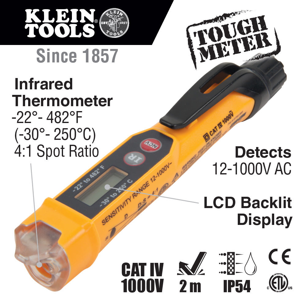 Klein Tools NCVT-4IR Non-Contact Voltage Tester Pen, 12-1000 AC V with Infrared Thermometer