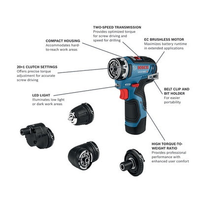 Bosch GSR12V-300FCB22 12V Max Ec Brushless Flexiclick® 5-In-1 Drill/Driver System With (2) 2.0 Ah Batteries