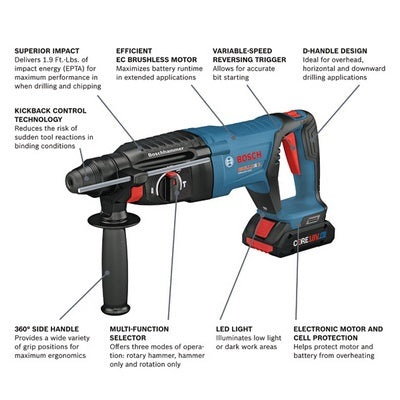 Bosch GBH18V-26DK15 18V Ec Brushless Sds-Plus® Bulldog 1 In. Rotary Hammer Kit With (1) Core18V 4.0 Ah Compact Battery