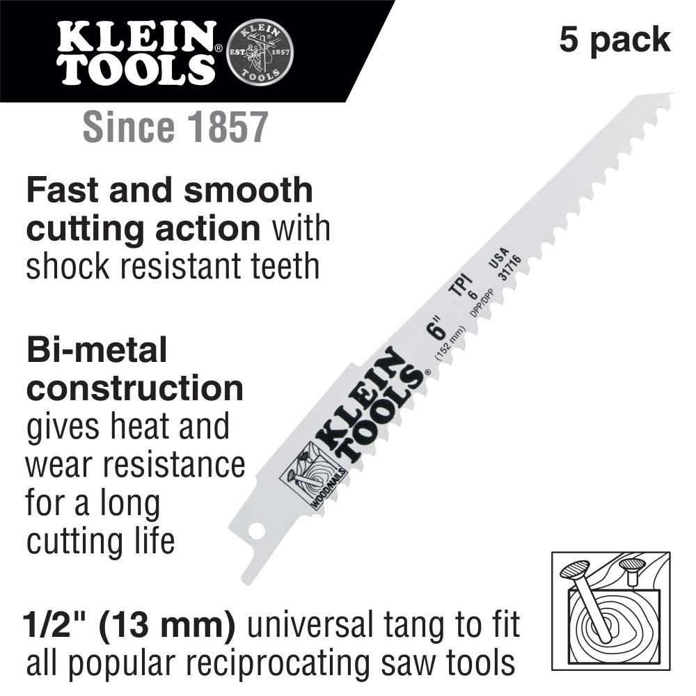 Klein Tools 31716 Reciprocating Saw Blades, 6 Tpi, 6-Inch, 5-Pack