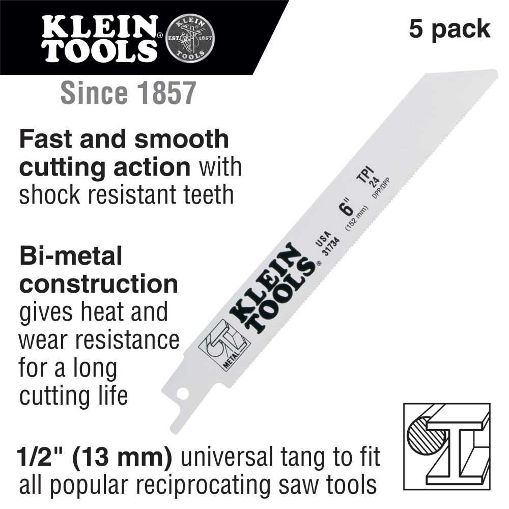 Klein Tools 31734 Reciprocating Saw Blades, 24 Tpi, 6-Inch, 5-Pack