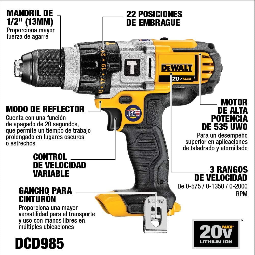 Dewalt DCD985B 20V Max* Lithuim Ion Cordless Premium 3-Speed Hammerdrills