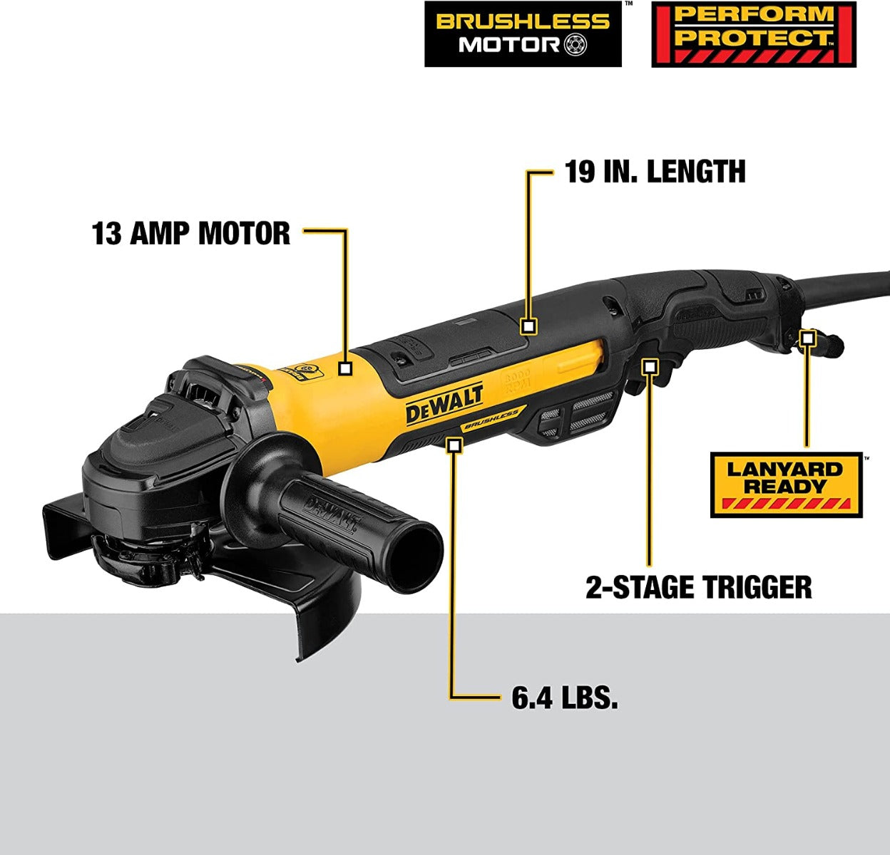 Dewalt DWE43840CN Brushless Small Angle Grinder, Rat Tail, With Kickback Brake, No Lock, Pipeline Cover