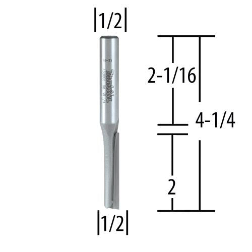 Makita 733002-6A Router Bit 1/2" Straight‑Single Flute, 2" Cut, 1/2" SH, C.T.