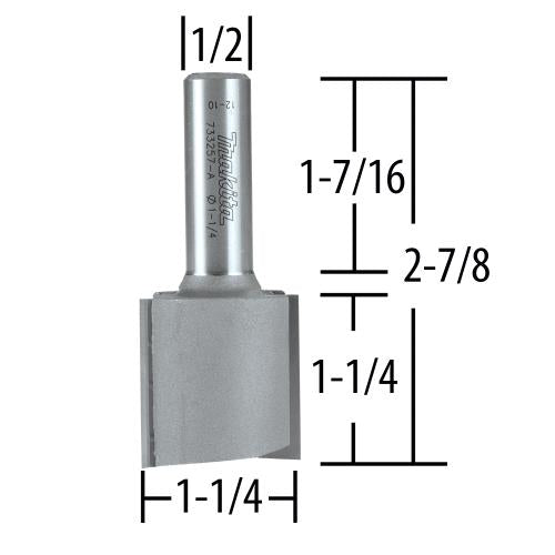 Makita 733257-A Router Bit 1‑1/4" Straight 2 Flute, 1‑1/4" Cut, 1/2" SH, C.T