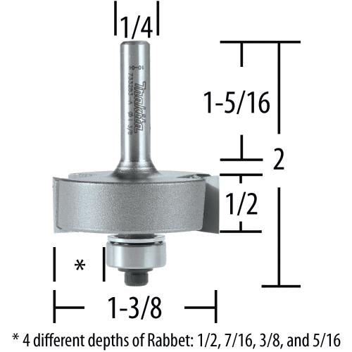 Makita 733283-A Router Bit Adj 5/16"‑1/2" Rabbet, 2 Flute, 1/4" SH, C.T.