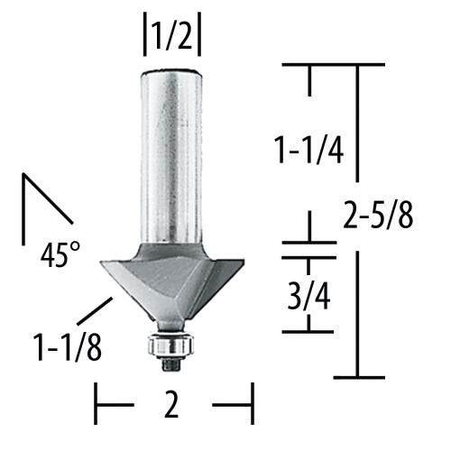 Makita 733286-A Router Bit 45 Chamfer 1‑1/8" Length., 2 Flute, 1/2" SH, C.T.