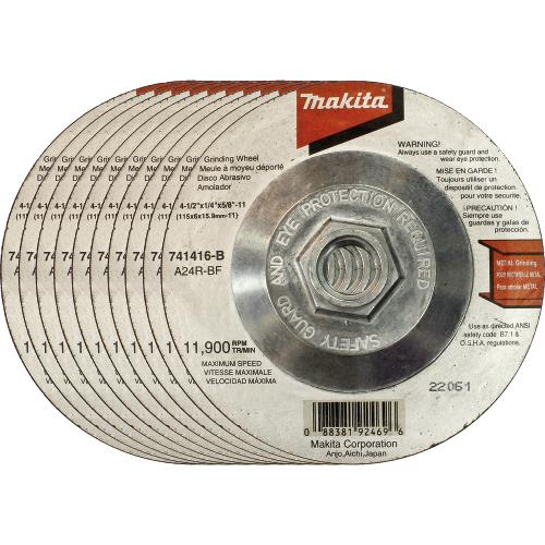 Makita 741416-B-10 4‑1/2" x 1/4" x 5/8"‑11 Hubbed Grinding Wheel, 24 Grit, 10/pk