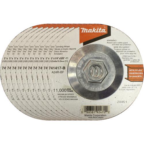 Makita 741417-B-10 5" x 1/4" x 5/8"‑11 Hubbed Grinding Wheel, 24 Grit, 10/pk