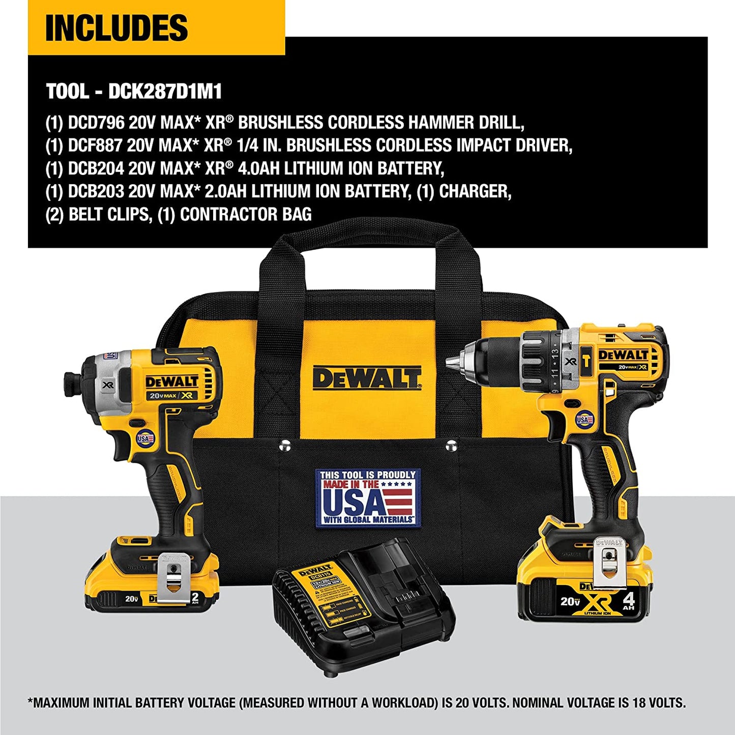 Dewalt DCK287D1M1 20V Max* Xr Cordless Hammer Drill/Driver & Impact Driver Combo Kit