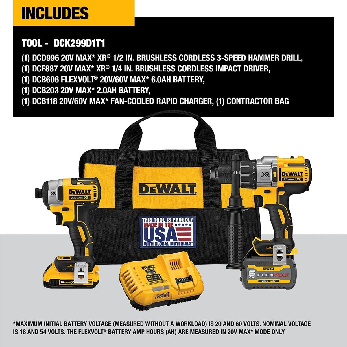 Dewalt DCK299D1T1 Flexvolt® Cordless Hammerdrill & Impact Driver Combo Kits