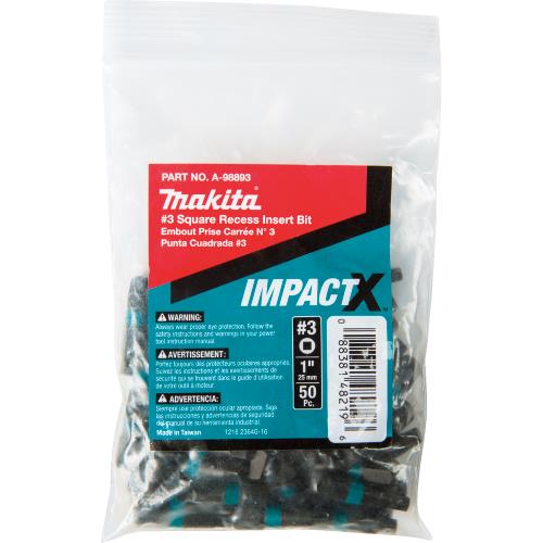 Makita A-98893 ImpactX™ #3 Square Recess 1″ Insert Bit, 50/pk, Bulk